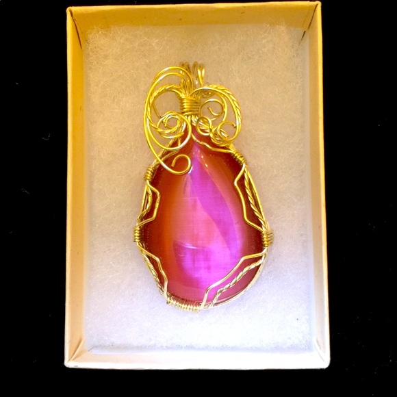 Hand Crafted Jewelry - SJC Wire Wrapped Pink Cat’s Eye Pendant